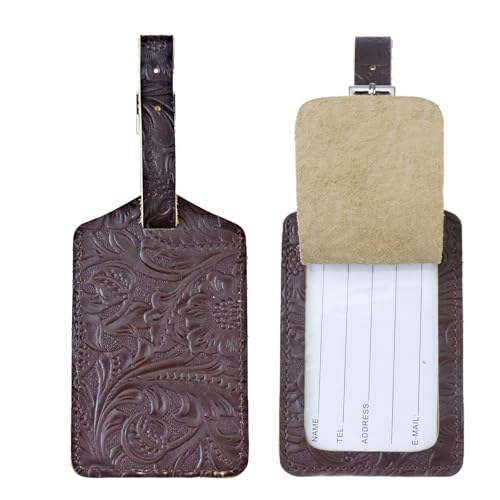 Genuine Leather Luggage Tags & Bag Tags 2 Pieces Set - color: Coffee Flower