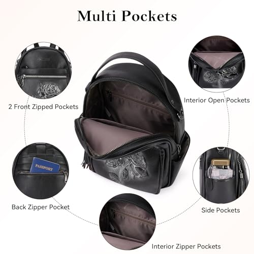 Mini Backpack Purse for Women,Vegan Leather Small Backpack for Daily | Embossed Lightweight Water-Resistance Travel Mini Fashion Daypack Bag,Ladies Casual Backpack Purse Gift Choice for Women - color: Black-flower