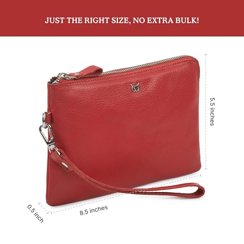 Leather Wristlet Wallet for Women Clutch Handbag Purse with Cell Phone Slot | Genuine Top Grain Leather, 8 Credit Card Slots, Detachable Strap, YKK Zipper, Gifts for Women - color: Red Nappa