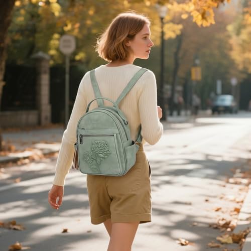 Mini Backpack Purse for Women,Vegan Leather Small Backpack for Daily | Embossed Lightweight Water-Resistance Travel Mini Fashion Daypack Bag,Ladies Casual Backpack Purse Gift Choice for Women - color: Green-flower