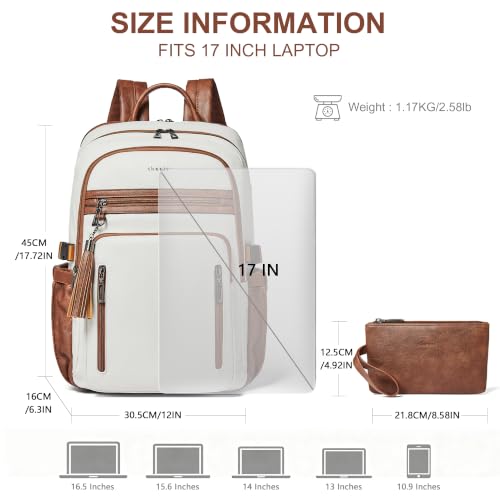 17 Inch Laptop Backpack Purse for Women with Giant Tumbler Holders | Vegan Leather,Travel Work Business College Teacher Nurse,USB Port,RFID Wristlet Purse,28L Large Capaity,Beige with Brown - color: Beige With Brown