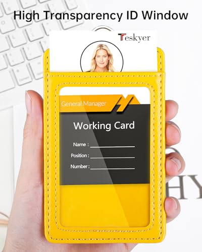 Teskyer Leather ID Badge Holder with Lanyard, Vertical Bright Yellow | Durable Nylon Lanyard, Rear Card Pocket, Scan Without Removing Card, Built to Last, Work & Cruise Ready - color: Bright Yellow, size: Vertical