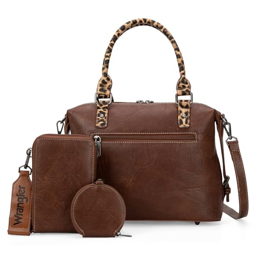 Wrangler 3Pcs Doctor Bag Sets for Women Top-handle Satchel Bag with Cell Phone Handbag and Coin Purse - color: Brown Leopard