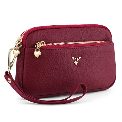 Genuine Leather Wristlet Wallets for Women Clutch Purse with Detachable Strap Slim Phone Wallet for Travel Wedding - color: Red