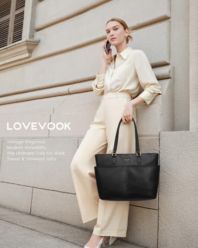 LOVEVOOK Work Tote Bag for Women, Vintage Leather 17.3 Inch Laptop Bags with Large Cup Holder, Teacher Nurse Medical Professional Computer Bag, Office Briefcase Handbag Gift - color: Black, size: 17.3 Inch