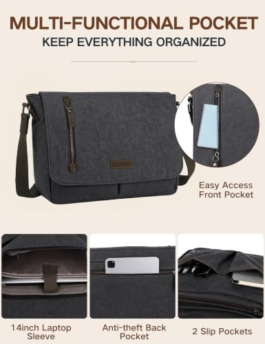 VX VONXURY Messenger Bag for Men, Canvas Laptop Briefcase Bag for Work | Shoulder Bag for Office, Fits 14" Laptop, Vintage Satchel Bag with Padded Shoulder Strap, Padded Laptop Sleeve, Waterproof - color: Grey-14 Inch
