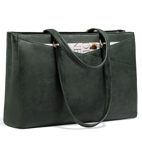 LOVEVOOK Laptop Tote Bag for Women,Leather Work Computer Briefcase Bag - color: Green, size: 15.6 inch