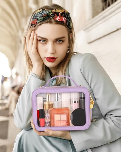 Soimeat Clear Makeup Bag, Portable Travel Cosmetic Bags, Multipurpose Leather Toiletry Bag with Zipper, Waterproof Transparent Cosmetic Organizer for Women, Medium, Purple - color: Purple, size: Medium