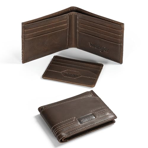 Wrangler Removable Passcase Wallet for Men, Bifold Tumbled Leather Wallet with RFID, Brown - color: Brown