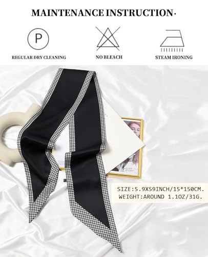 Head Scarf Purse Handle Neck Satin Hair Scarfs For Bag Lightweight Silky Long Thin Women's Fashion Scarves 59 * 5.9” - color: H1-black and White Checkered Border(59*5.9inch)