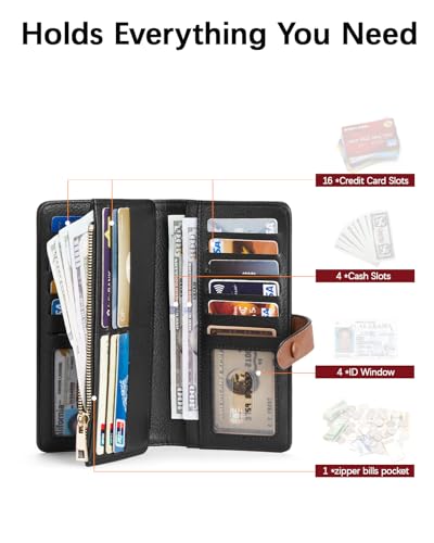 BOSTANTEN Womens Leather Wallet RFID Large Capacity Credit Card Holder | 4 ID Windows, 16 Card Slots, Zipper Coin Pocket, Clutch Wallet, Long Bifold, Ladies Gifts, Black＆Brown - color: B-Black＆Brown-oil wax