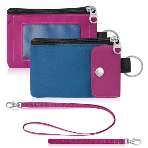 Artpaxy Minimalist Wallet For Mens Womens, Keychain RFID Blocking Zipper Small Wallet with ID Window 2 Lanyards,Water Resistant Travel Cash Card Coin Case Boys Girls - color: Dark blue+Dark pink
