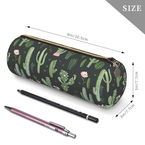 OSAM SPACE Leather Pencil Case Round Pencil Bag Green Plant Cactus Pen Organizer Holder Portable Zipper Pouch Cute School Supplies for Girls Boys Study Office - color: Green Plant Cactus