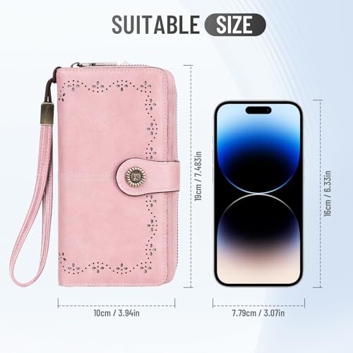Pink Wristlet Wallets for Women with Cherry Purse Charm PU Wallet | Credit Card Holder, Large Capacity, 12 Card Slots, Zipper Pocket, Ladies Clutch - color: Pink