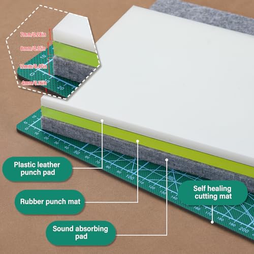 4 Pcs Leather Punch Pads+14 Sizes Leather Corner Punch, Cutting Mat, Sound Absorbing Pad and A4 Self Healing Cutting Mat, Half-Round Punch Set with Double Sided Nylon Hammer for Belts, Purses and Etc