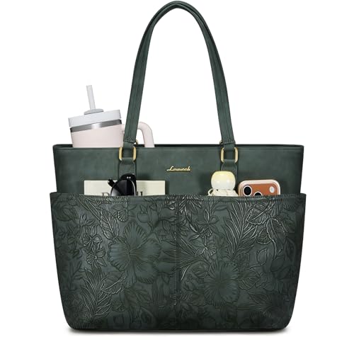 LOVEVOOK Work Tote Bags for Women, Embossed Retro Leather 17.3 Inch Laptop Bag with Large Cup Holder, Teacher Nurse Medical Professional Computer Bag, Office Briefcase Handbag Gift - color: Embossed Green, size: 17.3 Inch
