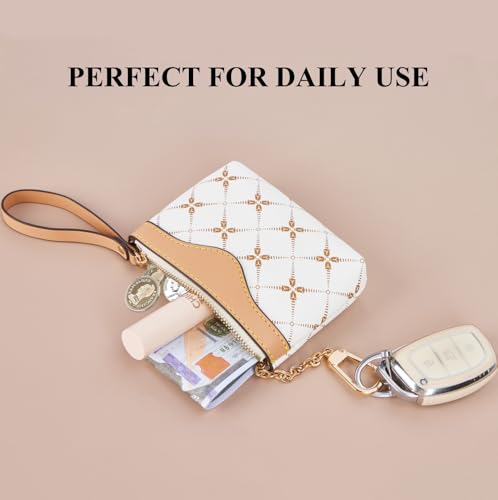 Printed Coin Purse with Key Chain & Finger Loop for Women (White) | Water-resistant faux leather change purse, sturdy zipper & metal hook holds coins, cards & keys for daily use, travel & gift - color: White