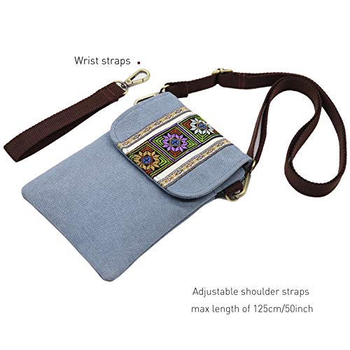 SILKAREA Vintage Embroidered Canvas Flip Small Crossbody Bag Cell Phone Pouch for Women Wristlet Wallet Bag Coin Purse - color: Light Blue