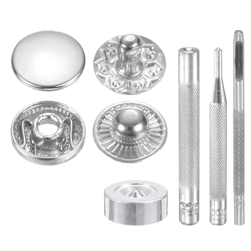 HARFINGTON 24Set Leather Snaps Fasteners Kit 10mm Dia Brass Press-Stud Cap Button 2.72" Length Metal Snap Buttons with 4 Install Tools for Coat Bag Leather Marine Boat Canvas, Silver - color: Silver