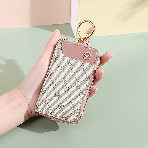 GOLF SUPAGS Women PVC Leather Car Key Chain Card Holder Wallet Pouch 6 Hook Snap Closure keys Money Organizer Case | Card Holder - color: Pink×Ash Green, Large