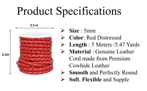 GENIQUE Real/Genuine Round Braided Leather Cord String Rope Folded, Leather Rope for Crafts, Jewelry Making, Necklace, Bracelets (Red Distressed, 5mm) - color: Red Distressed, size: 5mm