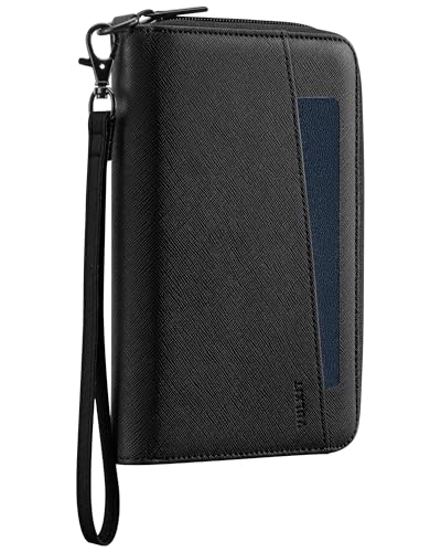 VULKIT Leather Passport Wallet RFID Blocking with Wrist Strap, Travel Document Organizer - 6 Credit Card Slots, 2 Interior + 2 Exterior Passport Slots, 2 ID Windows, Zipper Closure, Black - color: Black