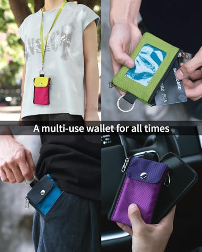 Artpaxy Minimalist Wallet For Mens Womens, Keychain RFID Blocking Zipper Small Wallet with ID Window 2 Lanyards,Water Resistant Travel Cash Card Coin Case Boys Girls - color: Pink+Light yellow