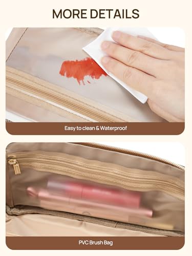 Telena Leather Make Up Bag Portable Travel Makeup Bag Waterproof Cosmetic Bags for Women Large Capacity With Handle and Divider Open Lay Flat | Cosmetic Bags for Women Large Capacity With Handle and Divider Open Lay Flat - color: 0-Black with Brown