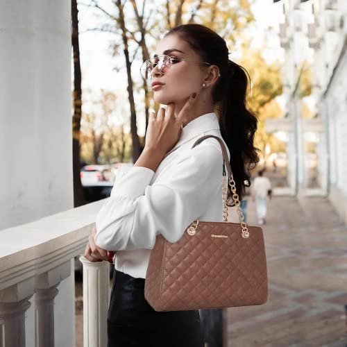 Montana West MEDIUM Tote Bag for Women Quilted Chain Handbags Shoulder Purse - color: 040brown
