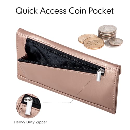 Envelope Wallets for Women Leather Credit Card Holder with RFID Blocking,2 ID Window, Zip Coin Pocket, Rose Gold - color: Rose Gold