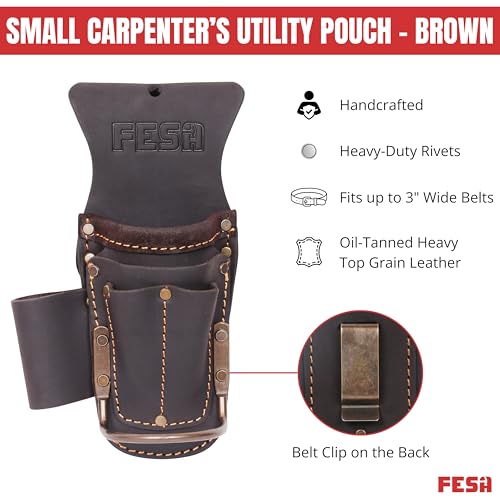 FESA Tool Belt Hammer Holder - Leather Multitool, Pliers & Hammer Holster with Pockets for Drill Bits or Markers - Heavy Duty Small Tool Pouch for Carpenters - Clip On Any Belt - Handcrafted - color: Brown