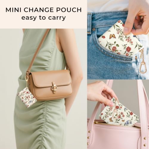 Flower Butterfly Keychain Coin Purse for Women, Cute Change Pouch | Zipper Key Chain Purse, Small Little Zip Pocket, PU Leather, Travel Wallet for Girls, Tiny Coin Holder, Key Ring, Women Gifts - color: Flower Butterfly