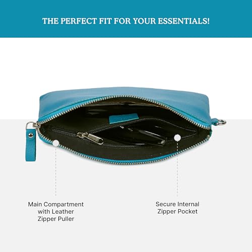 Leather Wristlet Wallet for Women Clutch Handbag Purse with Cell Phone Slot | Genuine Top Grain Leather, 8 Credit Card Slots, Detachable Strap, YKK Zipper, Gifts for Women - color: Air Blue Nappa