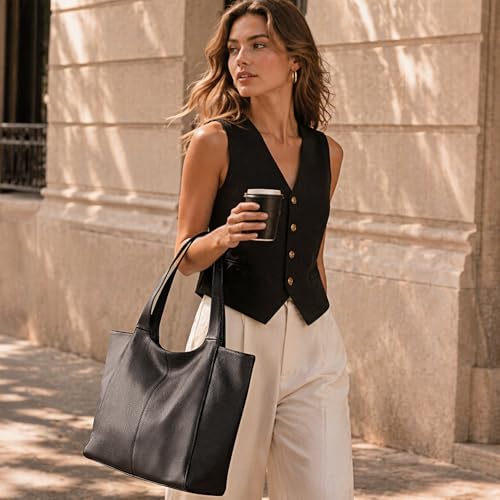 befen Soft Genuine Leather Tote Bag for Women Work with Zipper Slouchy Bags | Real Leather, Slouchy Shoulder Bag, Cup Holder, Travel Purse, Handbag for Daily & Travel, Zipper Tote Bag - color: Black