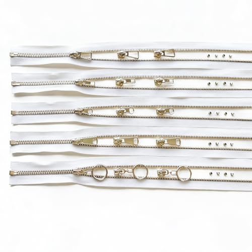#5 Heavy Duty Metal Zipper 5 Pieces 1 Yard Long Each(White/Gold Teeth) | 10 sliders, 20 top stops, pre-cut 1 yard each, for bags, pillows, jackets, DIY crafts, home decor - color: White/Gold Teeth