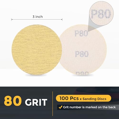 HARFINGTON 100 Pcs 3 Inch Sanding Discs 80 Grit Yellow Aluminum Oxide - size: 3 Inch(80 Grit)