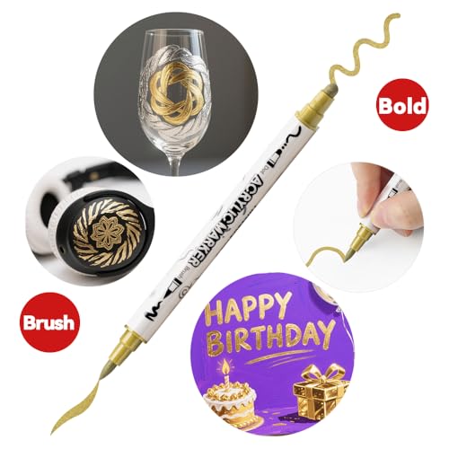 TRANSON 3 Gold, 3 Silver, 1 Black and 1 White Paint Markers Brush and Bold Dual-tip Acrylic Paint Marker Set for Rock Painting Glass Canvas Wood Leather Ceramic Painting - style: Bold and Brush 3 Gold 3 Silver 1 Black and 1 White