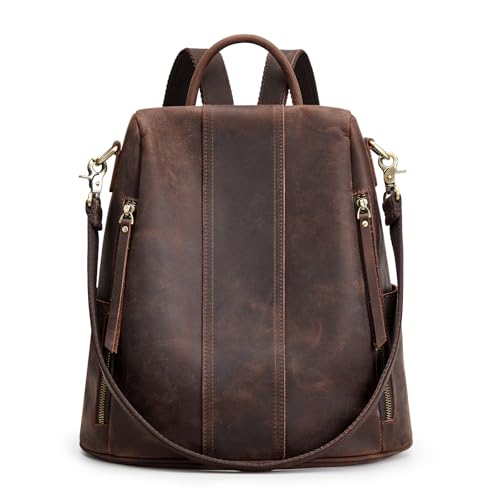 S-ZONE Leather Backpack Purses for Women Antitheft Rucksack Shoulder Bag Medium | Genuine Leather, Medium Fits 9.7-inch Tablet, for Work Travel Daily Commute, Multi Pockets, Adjustable Dual Straps - color: 3-deep Brown