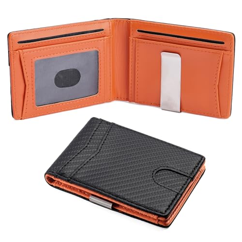 FALAN MULE Mens Wallet with Money Clip RFID Blocking Minimalist Front Pocket Wallets for Men Slim Bifold Card Holder - color: Oc-Black with orange