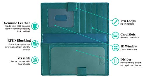 RFID Leather Checkbook Cover With Credit Card Slots and Pen Holder - color: Aqua