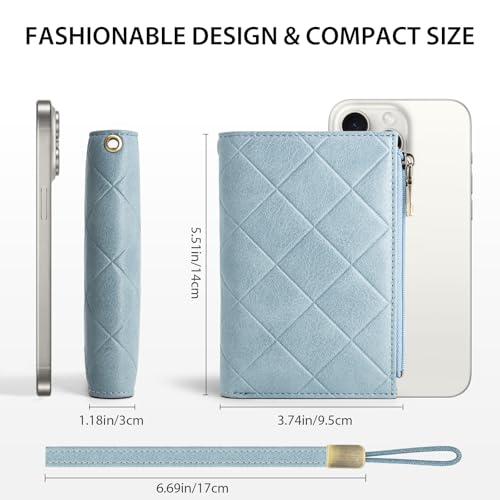 XINNSTAR Small Wallet for Women Leather RFID Blocking Trifold Compact Card Holder Wallets with Dual Zipper Coin Pocket - color: Ee-Blue