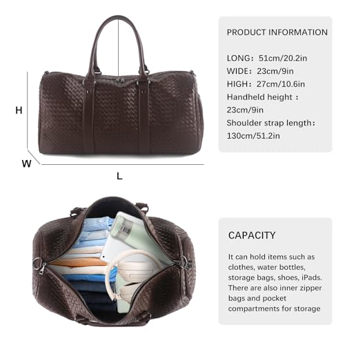 Weekender Bags for Women Woven Leather Travel Duffle Bag Gym Tote (Coffee) | Carry On Bag for Men with Shoe Compartment Dry and Wet Separation - color: Coffee