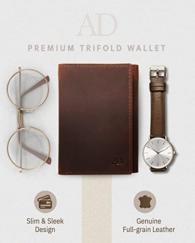 Trifold Wallets for Men - Slim RFID Blocking Wallet for Securing Personal Data - Front Pocket Friendly Genuine Leather Wallet - Mens Wallets Trifold with ID Window - Tri Fold Wallet Gifts for Men - color: Brown Crazyhorse