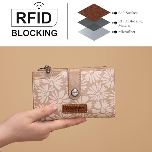 Wrangler Wallet for Women Bifold Card Holder with Zipper and ID Window - color: Sunflower-Apricot