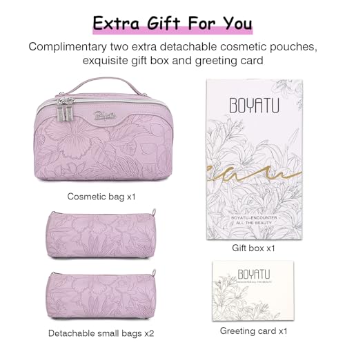 BOYATU Travel Makeup Bags Cosmetic Organizer Bag: 3-Set Make up Bag | Large Capacity PU Leather Toiletry Bags for Women - Wide Open Portable Pouch with Divider & Handle(Purple) - color: 01-Z-Light Purple