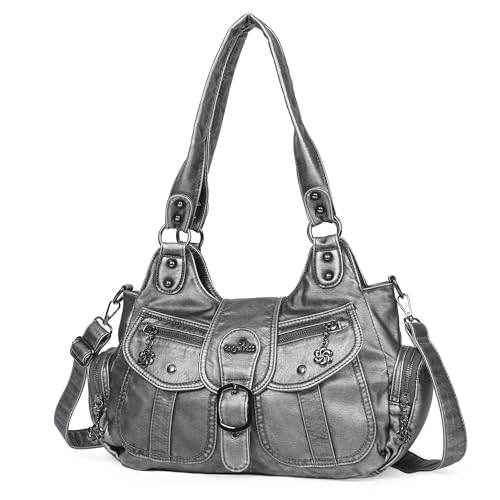 Angel Kiss Hobo Bags for Women Vegan Leather Shoulder Purses and Handbags Ladies Roomy Tote Bags Purse with Crossbody Strap - color: Silver Grey