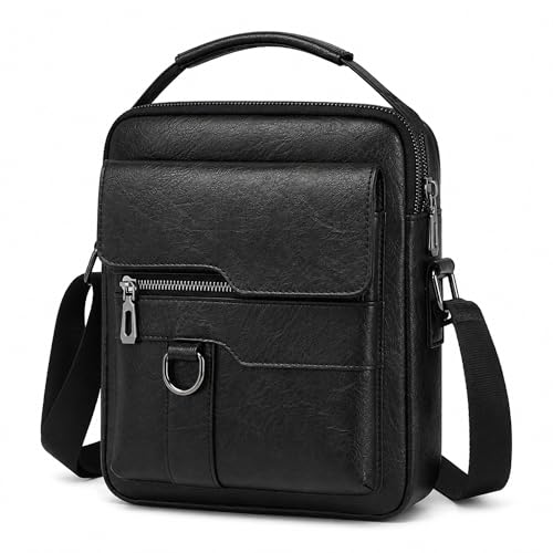 Small Crossbody Bag, Mens Shoulder Bag, Vintage leather Bag Office Business for Men, Handbag Purse Zipper - color: Black-3