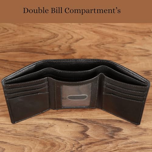 Men’s Trifold Leather Wallet with Deer Emboss & Red Accent Trim | Full-Grain Nappa Leather | RFID Blocking Slim Card Holder | Gift for Husband, Dad, Boyfriend - style: Red Edge Deer