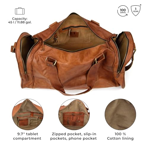 Berliner Bags Vintage Genuine Leather Duffle Bags For Men Bergen- Brown - color: Brown with 2 Side Pockets
