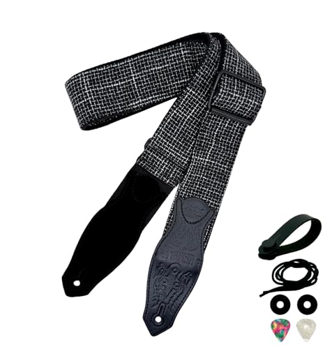 rockyou 2 Inch Woven Jacquard Embroidery Bass Guitar Strap (Black & White Houndstooth) | Embroidery, 4 Picks Pocket, Suede Genuine Leather End - color: Black & White Houndstooth